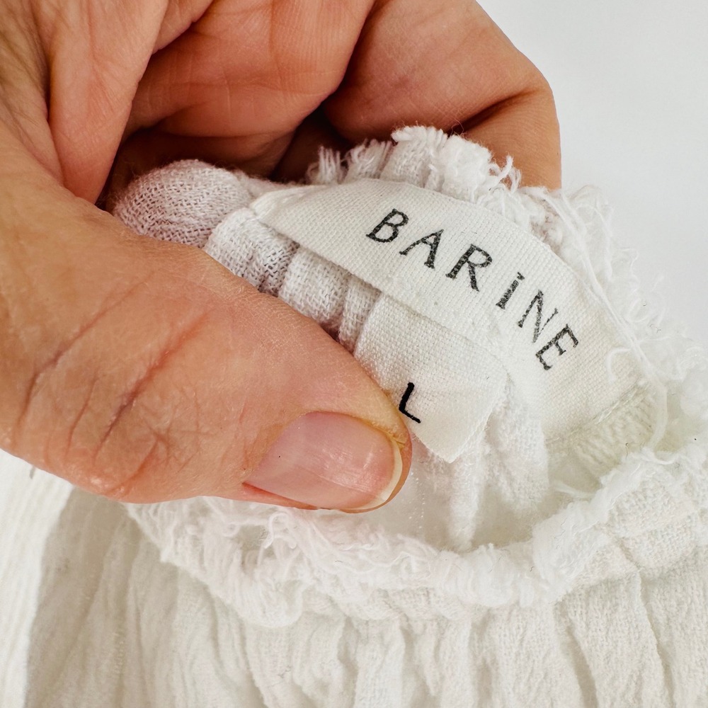 Barine White Gauze Cotton Pink Rope Strap Midi Dress Size L Beachy Boho Natural - Picture 3 of 8